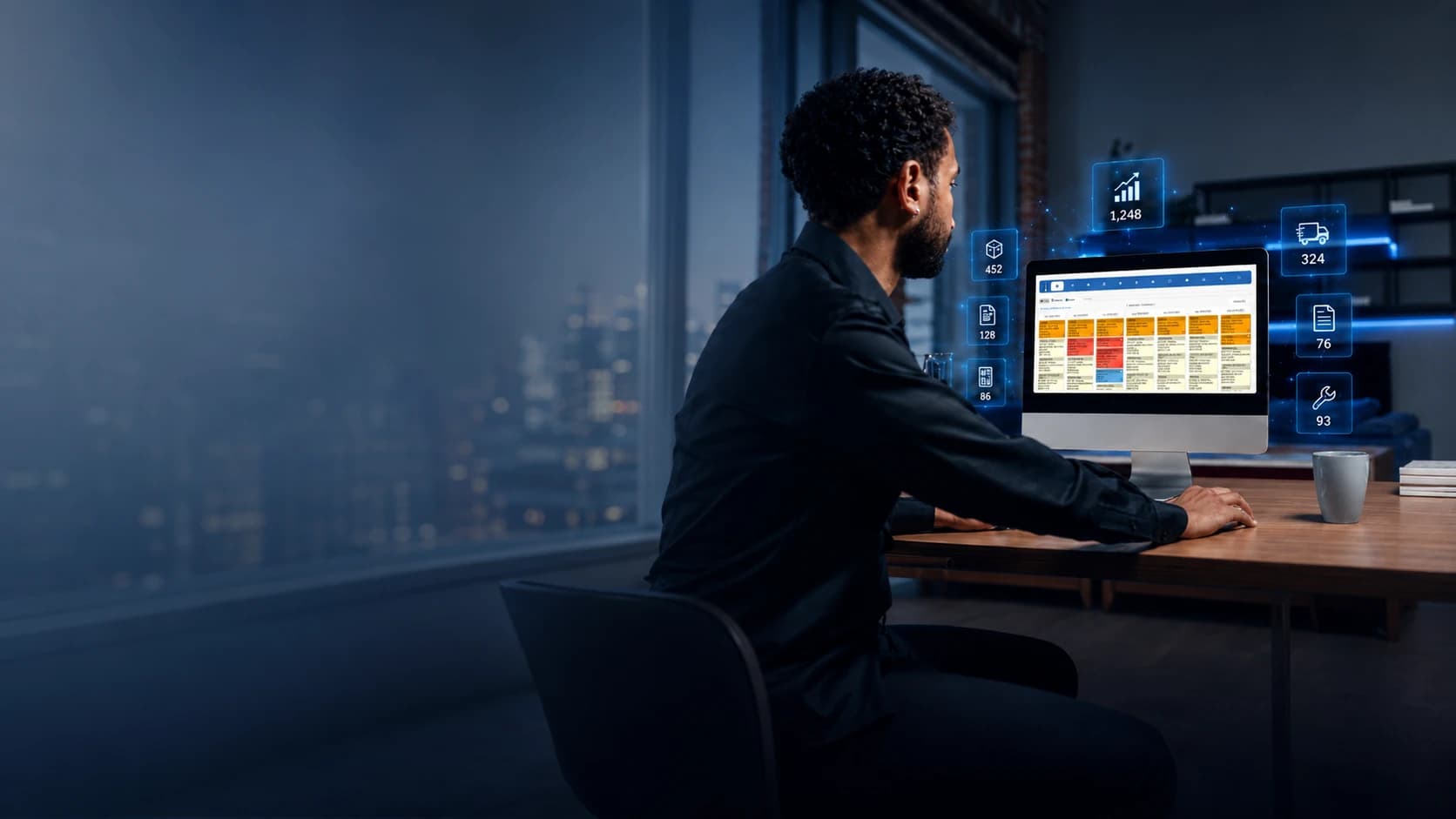Profissional analisando o painel operacional do Fusion ERP em um monitor, com indicadores de estoque, logística e financeiro